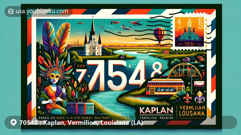 Contemporary illustration of Kaplan, Vermilion Parish, Louisiana, capturing ZIP code 70548, showcasing Krewe de Chic-A-La-Pie Mardi Gras parade and 'Gateway to the Coastal Wetlands' theme.