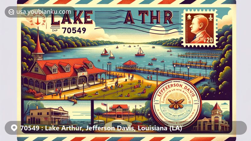 Modern illustration of Lake Arthur, Jefferson Davis County, Louisiana, depicting a postcard design with ZIP code 70549, featuring a scenic view of Lake Arthur with water activities, Lake Arthur Park and Boardwalk, vintage postal elements including Live Oak Hotel stamp and ZIP code mark.
