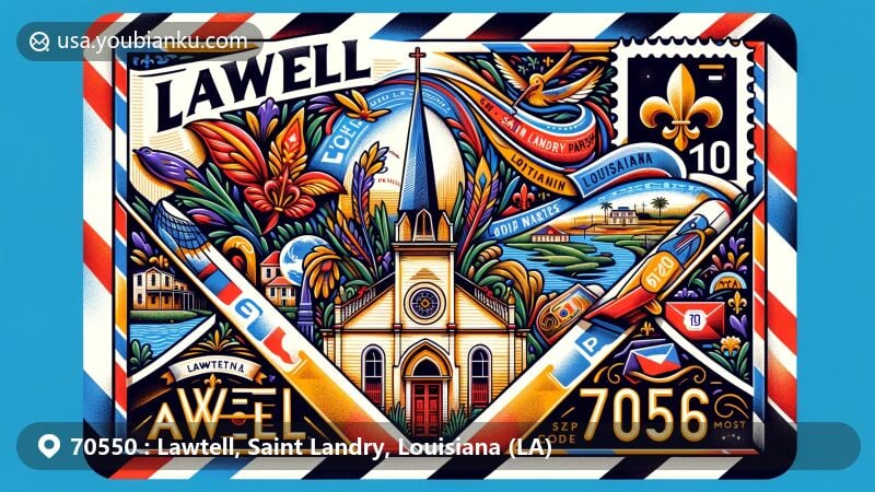 Modern illustration of Lawtell, Saint Landry Parish, Louisiana, showcasing postal theme with ZIP code 70550. Features Fleur-de-lis, St. Landry Catholic Church, Louisiana state flag, and traditional postal icons in a vibrant, wide-format style.