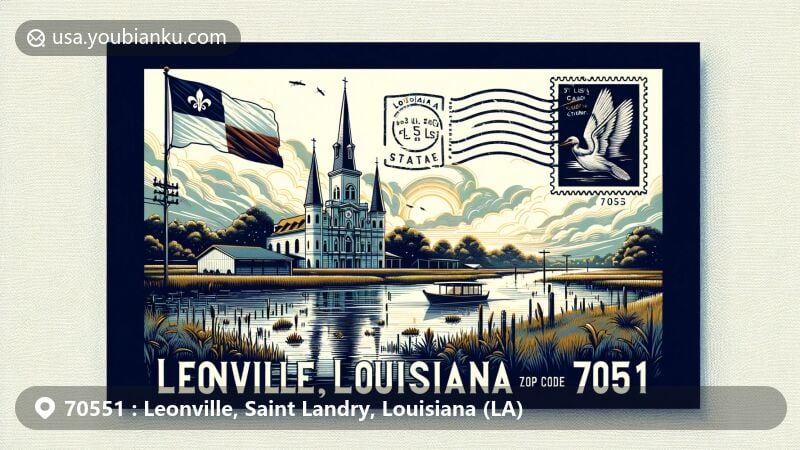Modern illustration of a postcard from Leonville, Louisiana, with ZIP code 70551, featuring Bayou Teche and St. Leo's Catholic Church, blending postal elements like stamps, postmarks, and the '70551' code, with artistic renditions of local landmarks.