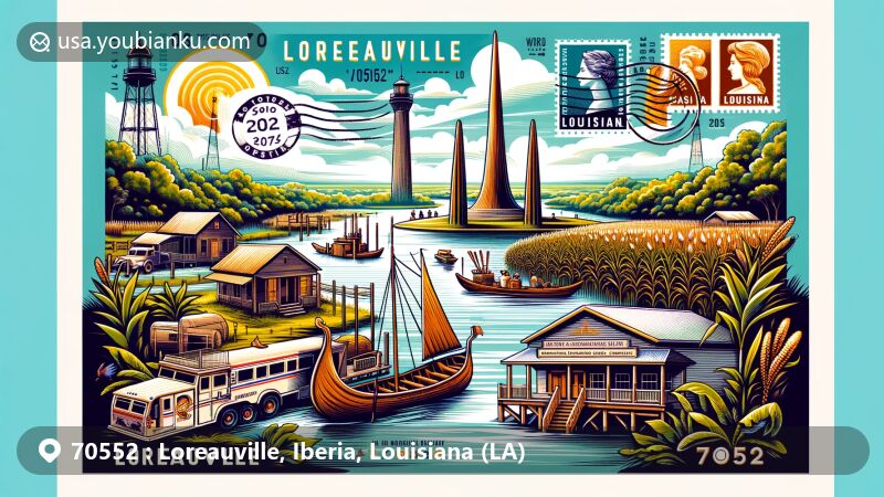 Modern illustration of Loreauville, Louisiana, showcasing the Acadian Odyssey Monument, Louisiana culture with sugar cane farming and bayou, boat building scene, and postal theme with 'Loreauville, LA 70552' postmark and vintage postal truck.