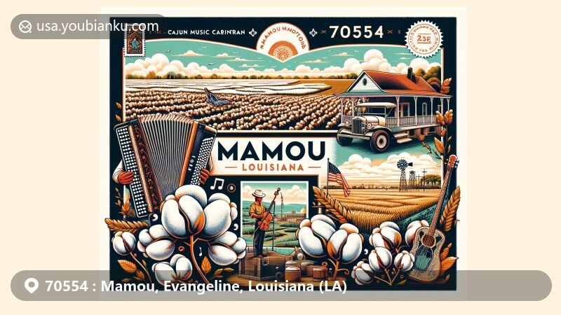 Modern illustration of Mamou, Louisiana, showcasing postal theme with ZIP code 70554, featuring symbols of town's heritage such as cotton, rice fields, Cajun music instruments, and Mamou Prairie.