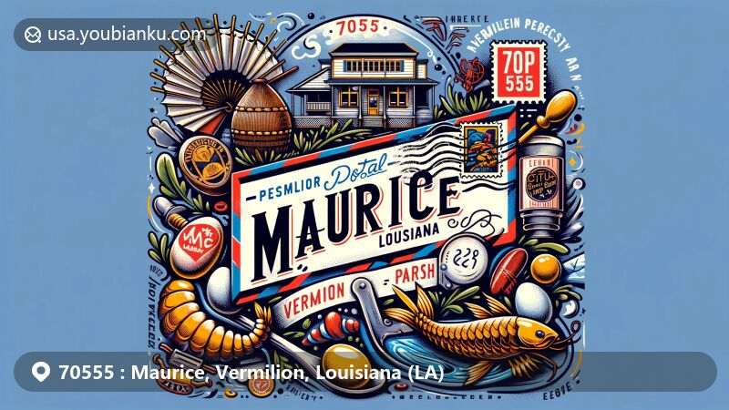 Modern illustration of Maurice, Louisiana, highlighting postal theme with vintage airmail envelope, Vermilion Parish outline, seafood, Hebert's Specialty Meat Market, Vivian Alexander egg purses, and City Bar.