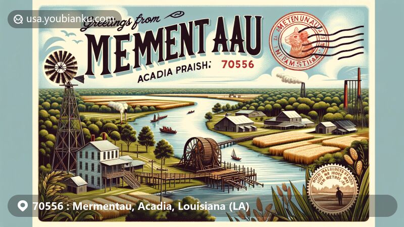 Modern illustration of Mermentau, Acadia Parish, Louisiana, capturing the rich history and cultural heritage of the region, featuring the Mermentau River, rice fields, a sawmill, Le Petit Chateau de Luxe, a stamp of the first cotton gin, and a postmark with the text 'Mermentau, LA - The Heart of Acadia.'