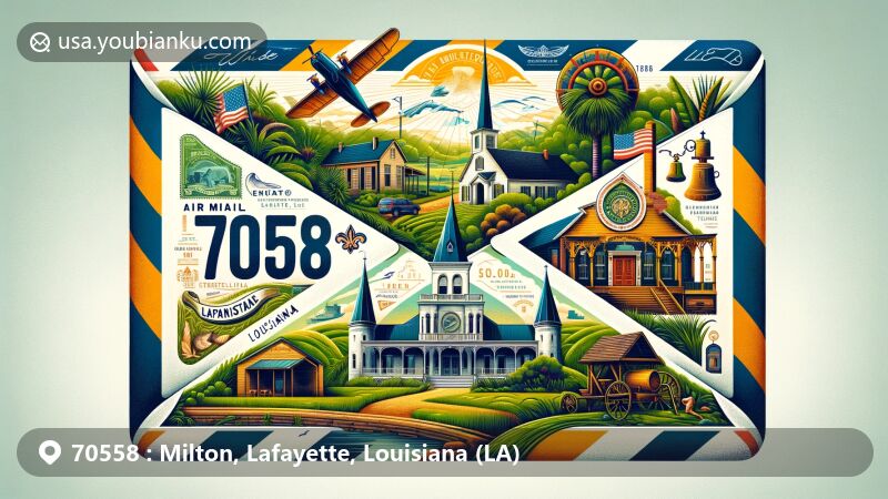 Creative illustration of Milton, Louisiana, capturing ZIP code 70558 with a vintage air mail envelope and landmarks like the Alexandre Mouton House, Cathedral of St. John the Evangelist, and Acadian Village, blending Louisiana state flag and Lafayette Parish with lush greenery and clear sky, showcasing rich cultural and postal heritage.