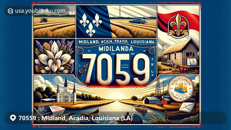 Modern illustration of Midland, Acadia Parish, Louisiana, featuring lush landscapes, rice fields, and the flag of Acadia with French and American Revolution symbols, postal theme with ZIP code 70559, and a nod to Cajun culture.