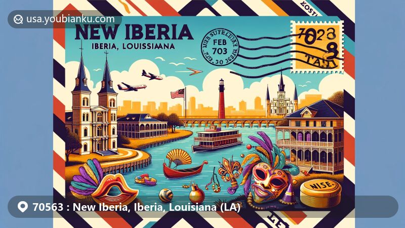 Modern illustration of New Iberia, Iberia, Louisiana, featuring vintage postcard background with ZIP code 70563, showcasing Rip Van Winkle Gardens, Shadows on the Teche, Avery Island, The Steamboat House, and the Konriko Company Mill. Mardi Gras symbols and Louisiana state flag add cultural touch.