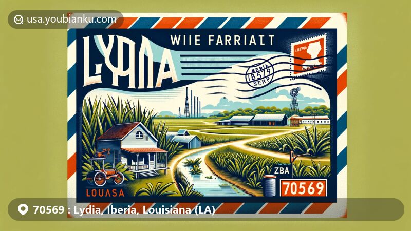 Modern illustration of Lydia, Louisiana, in Iberia Parish, showcasing ZIP code 70569 with air mail envelope, sugarcane fields, and local landmarks like the Olivier Store. Includes artistic representation of Louisiana state and state flag, with vintage postal stamp mark.