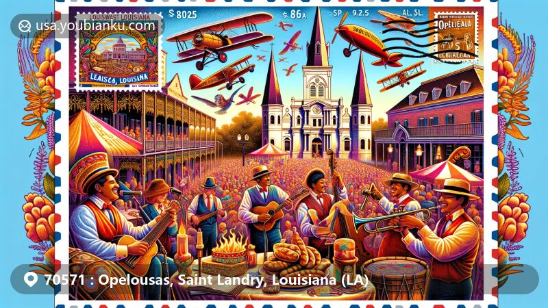 Modern illustration of Opelousas, Louisiana, featuring Southwest Louisiana Zydeco Music Festival, Louisiana Orphan Train Museum, St. Landry Catholic Church, and Cajun culture elements like boudin and cracklins, framed within an airmail envelope with Creole Heritage Folklife Center and Opelousas Historic District stamps.