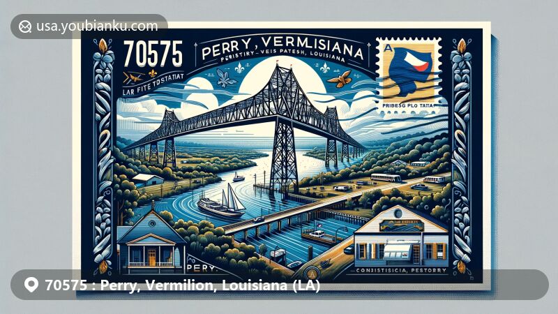 Modern illustration of Perry, Vermilion Parish, Louisiana, highlighting postal theme with ZIP code 70575, featuring aerial lift span bridge over Vermilion River and Louisiana state colors.