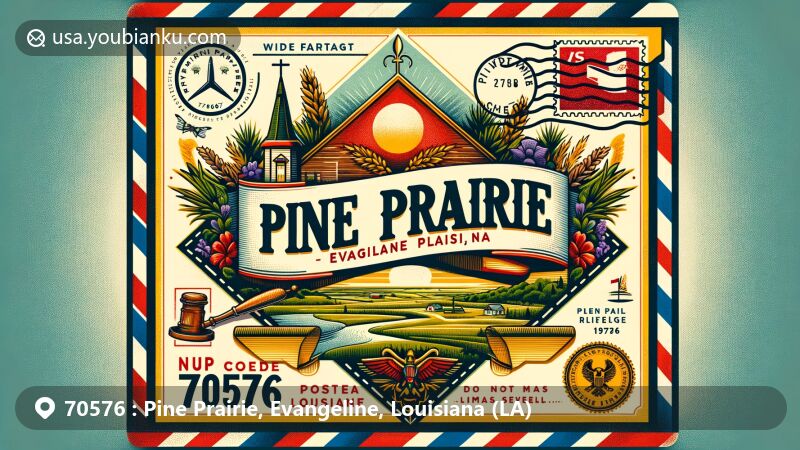 Modern illustration of Pine Prairie, Evangeline Parish, Louisiana, with vintage postcard theme showcasing rural landscape and Louisiana state flag, featuring ZIP code 70576 and postal elements.