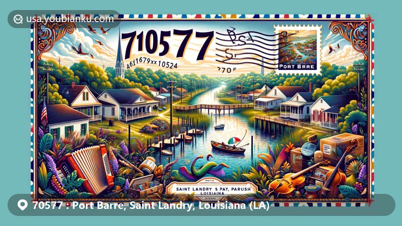 Modern illustration of Port Barre, Saint Landry Parish, Louisiana, capturing the essence of the area with elements of Bayou Teche, Creole and Cajun culture, musical instruments, local wildlife, and lush landscapes, featuring vintage postcard style with ZIP code 70577 and postal heritage theme.