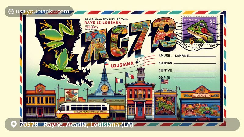 Modern illustration of Rayne, Louisiana, showcasing ZIP code 70578, known as the Frog Capital of the World and the Louisiana City of Murals, featuring frog silhouettes, mural art, Louisiana state flag, and Acadia Parish map.