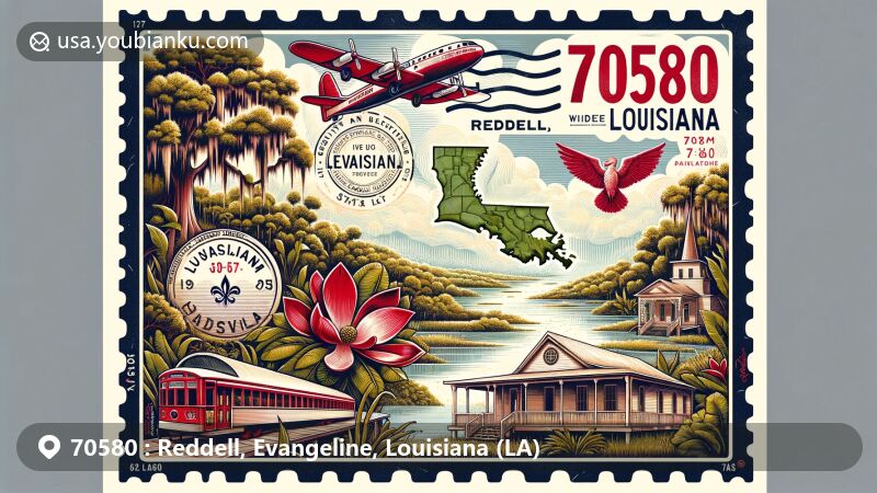 Modern illustration of Reddell, Louisiana, in Evangeline Parish, showcasing postal theme with ZIP code 70580, blending Louisiana symbols and rich natural beauty.