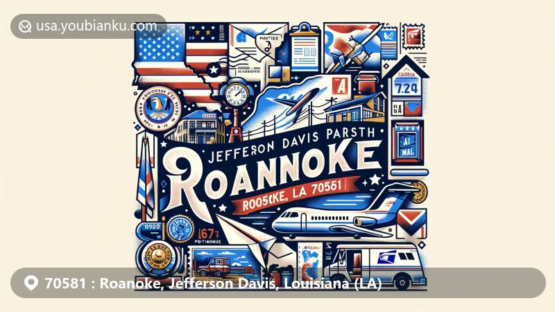 Modern illustration of Roanoke, Jefferson Davis Parish, Louisiana, displaying postal theme with ZIP code 70581, featuring Louisiana state symbols, Jefferson Davis Parish map, and iconic Roanoke symbols.
