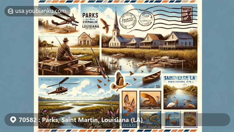 Modern illustration of Parks, Saint Martin, Louisiana, highlighting ZIP code 70582 and its rich cultural heritage, including the Longfellow-Evangeline State Historic Site and Bayou Teche.