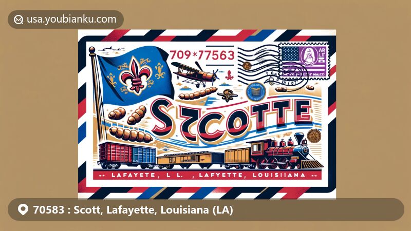 Modern illustration of Scott, Lafayette County, Louisiana, featuring postal theme with ZIP code 70583, showcasing Scott's flag symbolizing its identity as the 'Boudin Capital of the World' and 'Where the West Begins' motto. The artwork includes iconic Cajun elements like Boudin sausage to reflect local culture, set against a stylized depiction of the local geography with the Union Pacific Railroad running through town, hinting at its historical significance. Designed in the style of an airmail envelope, highlighting postal theme with a stamp displaying ZIP code 70583 and a postmark of Scott, LA, this vibrant illustration captures the spirit and cultural richness of the Scott community.