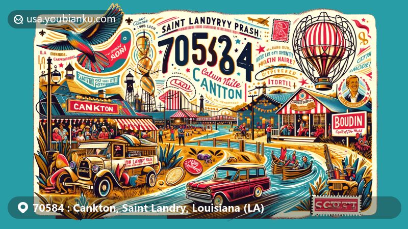 Modern illustration of Cankton, Saint Landry Parish, Louisiana, showcasing Cajun cultural heritage, zip code 70584, and postal elements like vintage air mail envelope, stamps, and postmark.