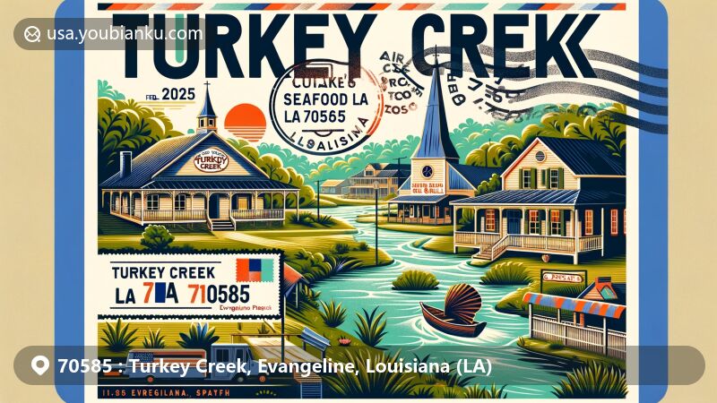 Modern illustration of Turkey Creek, Evangeline Parish, Louisiana, showcasing lush green landscapes, Jake's Seafood & Grill, and air mail envelope with ZIP code 70585 and Louisiana state symbols.