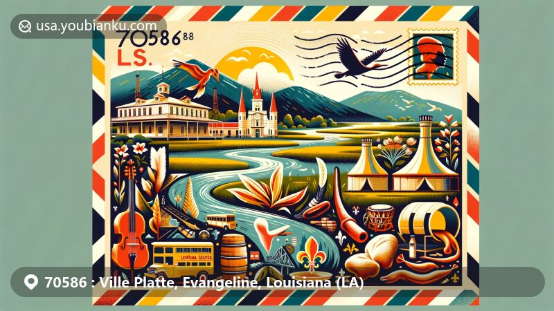 Modern illustration of Ville Platte, Evangeline, Louisiana, depicting cultural and geographical features, including Chicot State Park, iconic symbols of Cajun and Creole culture, and the city's famous festivals.