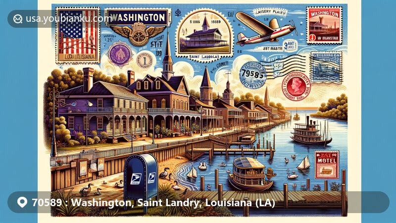 Modern illustration of Washington, Saint Landry Parish, Louisiana, showcasing historical charm and postal theme with ZIP code 70589, featuring old Steamboat Warehouse, Victorian architecture, and antebellum plantation homes.