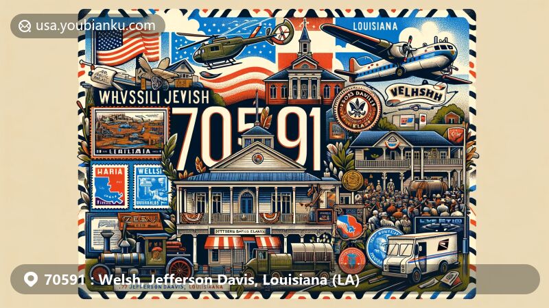 Modern illustration of Welsh area, Jefferson Davis Parish, Louisiana, featuring Welsh Museum and Louisiana state symbols, with ZIP code 70591.