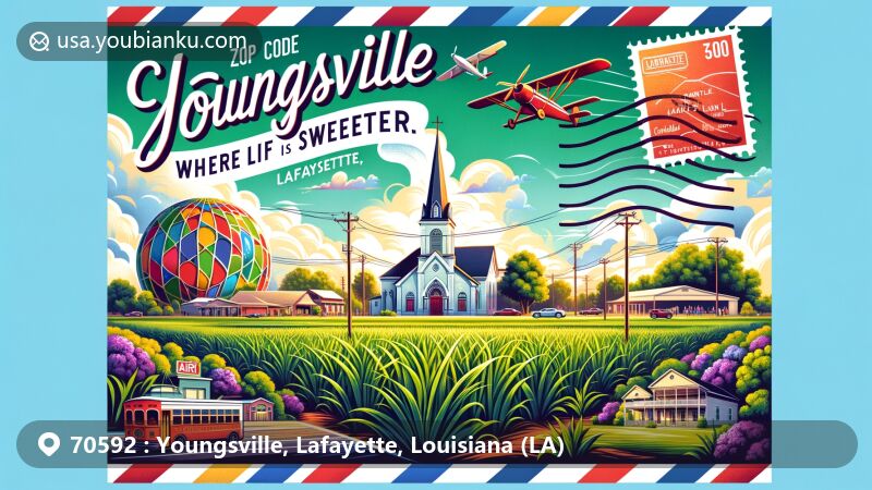 Vibrant illustration of Youngsville, Lafayette, Louisiana, depicting sugar cane fields, St. Anne Catholic Church, and Youngsville Sports Complex, embodying the 'Where Life is Sweeter' motto.
