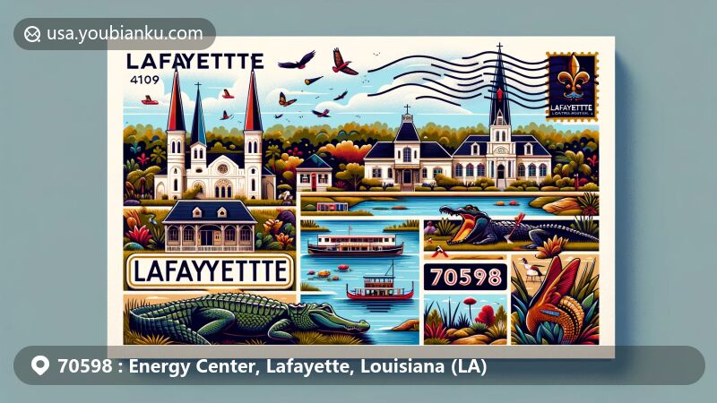 Modern illustration of Lafayette, Louisiana, showcasing historical landmarks like Vermilionville village and Cathedral of St John the Evangelist, along with alligators from Lake Martin. Incorporates airmail elements with ZIP code 70598.