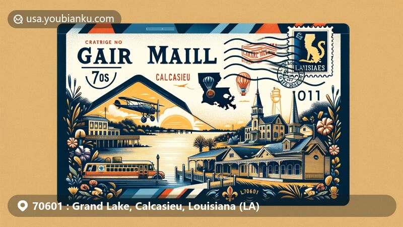 Modern illustration of Grand Lake, Calcasieu, Louisiana, featuring vintage air mail envelope with state outline, Historic Calcasieu Marine National Bank, Lake Charles Historic District, Louisiana wildlife, postal stamp with state flag, postmark '70601', and postal van.