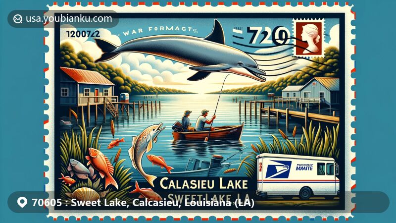 Modern illustration of Sweet Lake, Calcasieu Parish, Louisiana, showcasing natural beauty of Calcasieu Lake, including brackish waters, fishing opportunities for red drum and spotted sea trout, and rare albino 'Pinky' dolphin.