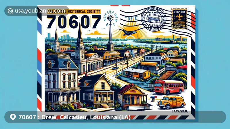 Modern illustration of the Drew area in Calcasieu, Louisiana, highlighting ZIP code 70607 and showcasing elements unique to Calcasieu Parish and Louisiana, including historical buildings, Charpentier Historic District, and postal theme.