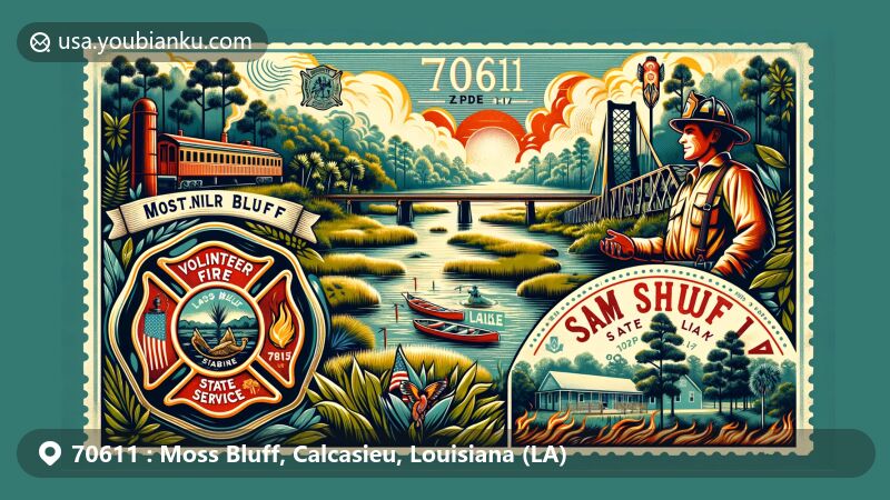 Modern illustration of Moss Bluff, Louisiana, capturing the area's scenic beauty with lush forests and marshlands near the Sabine River. Features include an old bridge symbolizing connection to Lake Charles, emblem of volunteer fire service, and Sam Houston Jones State Park.