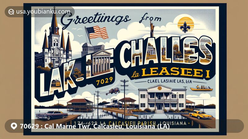 Modern illustration ofCal Marne Twr, Calcasieu Parish, Louisiana, fusing postal theme with ZIP code 70629, featuring Calcasieu River and iconic landmarks of Lake Charles.