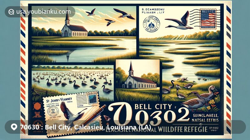 Modern illustration of Bell City, Calcasieu Parish, Louisiana, featuring the ZIP code 70630, showcasing Lacassine National Wildlife Refuge and local historical and cultural landmarks.