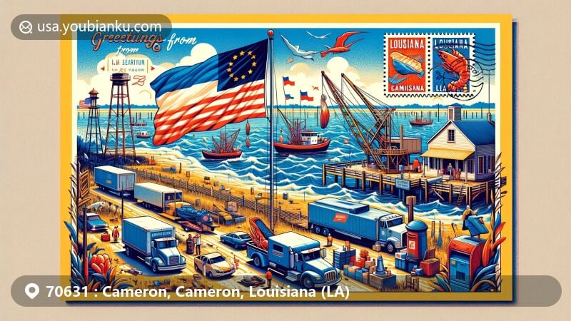 Vintage-style illustration of Cameron, Louisiana, emphasizing coastal location and shrimping boats, featuring Louisiana state flag, ZIP code 70631 stamps, postal truck, and mailbox. Includes 'Greetings from Cameron, Louisiana' text in vibrant style.