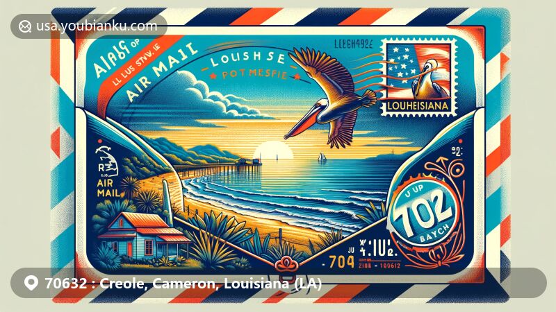 Modern illustration of Creole, Louisiana, featuring Rutherford Beach within an air mail envelope, showcasing postal theme with Louisiana state flag, postmark, vintage postage stamp of pelican, and ZIP Code 70632.