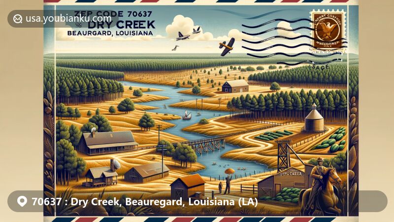 Modern illustration of Dry Creek, Beauregard Parish, Louisiana, representing ZIP code 70637, featuring Bundick Lake, historical references, and postal elements in a creative air mail envelope design.
