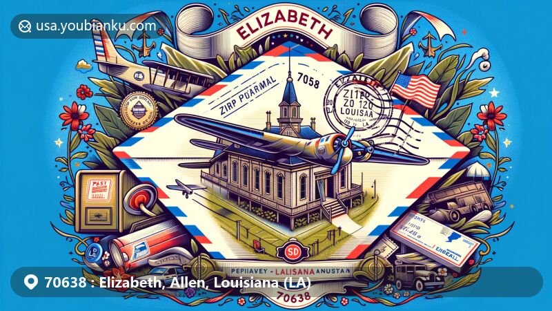 Modern illustration of Elizabeth, Allen, Louisiana (LA) in the 70638 ZIP code area, showcasing a vintage airmail envelope with prominent postal code '70638'. The envelope incorporates an image of the Elizabeth Village Hall, formerly a hospital, paying homage to local history and architecture. Surrounding the envelope are symbols of Louisiana, such as the state flag, and possibly local flora or fauna, emphasizing regional pride. Postal symbols like stamps featuring iconic landmarks or cultural icons, as well as a postmark with 'Elizabeth, LA', are also integrated into the design. This contemporary illustration style piece serves as a vivid and eye-catching visual element for web content, with a balanced and compelling composition that narrates the history, culture, and postal significance of Elizabeth.
