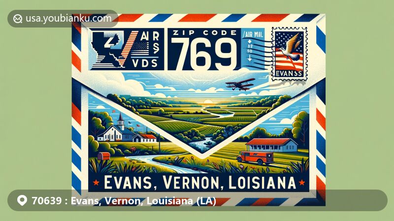 Creative illustration of Evans, Vernon Parish, Louisiana, showcasing air mail envelope with state flag, scenic landscapes, and postal elements, highlighting ZIP code 70639.