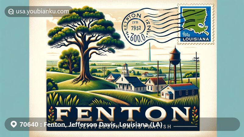 Modern illustration of Fenton, Louisiana, capturing rural charm and community spirit with symbolic oak tree, green grass, and water tower, set against a serene rural landscape. Highlighting ZIP code 70640, envelope, and postage stamp with Jefferson Davis Parish and Louisiana symbols.