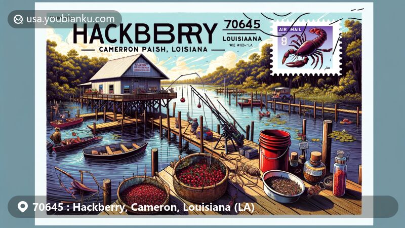Modern illustration of Hackberry, Cameron Parish, Louisiana, showcasing crabbing activity and fishing community, with imagery of Calcasieu Lake, resilience against hurricanes, and nods to Cajun music heritage and local flora and fauna.