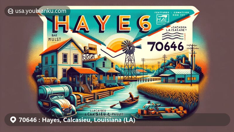 Vintage-style illustration of the Hayes area in Calcasieu Parish, Louisiana, featuring ZIP code 70646. Depicts a symbolic air mail envelope representing postal communication, with elements showcasing Hayes' history and landmarks, including early settlement by the Lorrain family, brick mill, sugar mill, and sawmill.