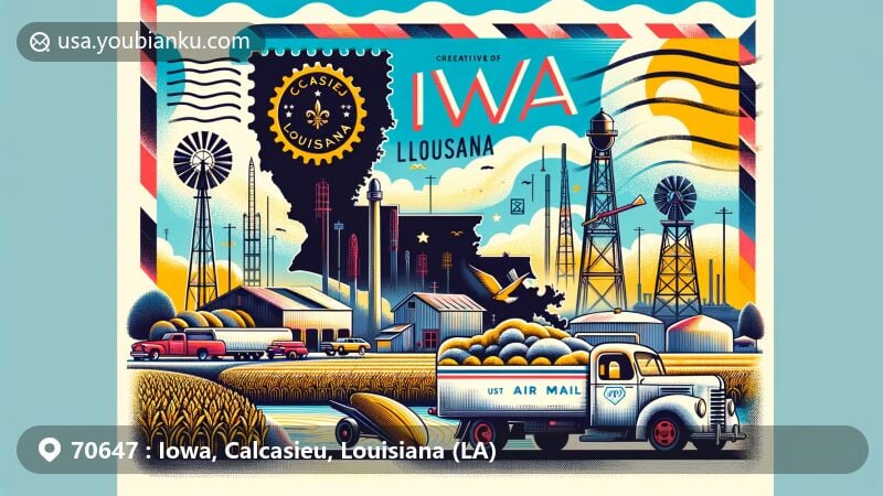 Modern illustration of Iowa, Louisiana, showcasing local features and a postal theme with ZIP code 70647, highlighting Iowa's geographical position in Calcasieu Parish, iconic landmarks like rice fields and oil derricks, small-town allure, and vibrant colors.