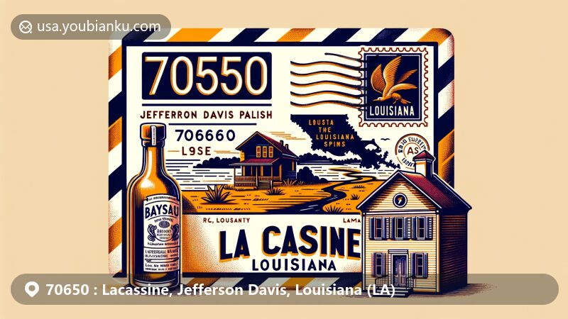 Modern illustration of Lacassine, Jefferson Davis Parish, Louisiana, highlighting postal theme with ZIP code 70650. Features air mail envelope, postage stamp with Louisiana outline, La Cassine house, Bayou Rum bottle, and local flora/fauna.