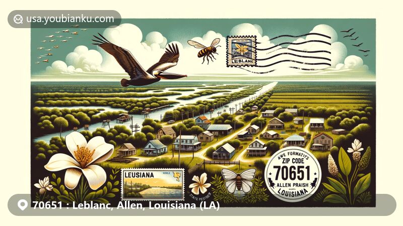 Modern illustration of Leblanc, Allen Parish, Louisiana, showcasing rural beauty with Louisiana state symbols including the brown pelican, magnolia flowers, and honeybee. Features a vintage postal theme with a ZIP code 70651 and scenic landscape.