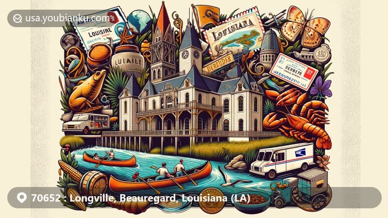 Modern illustration of Longville, Beauregard Parish, Louisiana, featuring Gothic Jail of DeRidder, Whiskey Chitto River, local cuisine like boudin and gumbo, and postal elements with air mail envelope and vintage stamps.