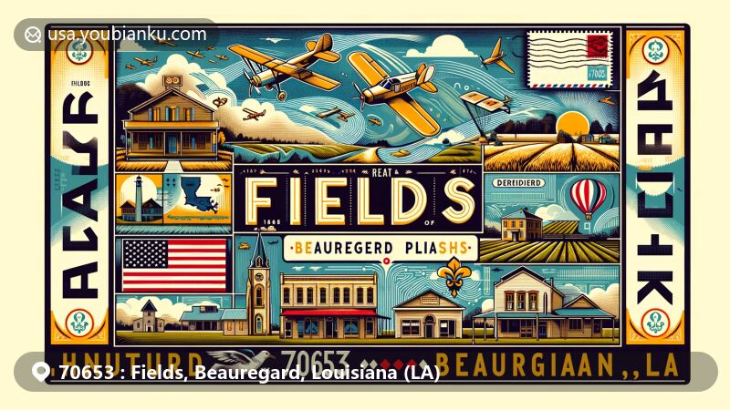 Modern illustration of Fields, Beauregard, Louisiana, featuring postal theme with ZIP code 70653, showcasing DeRidder Commercial Historic District, Merryville charm, Louisiana state flag, and Beauregard Parish outline.