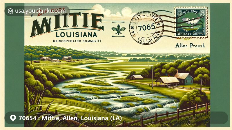Modern illustration of Mittie, Allen Parish, Louisiana, capturing rural scenery with vast green fields and tree backdrop, showcasing the tranquility and natural beauty of Louisiana countryside. Whiskey Chitto Creek meanders through lush greenery, highlighting its historical significance in the area. Featuring stylized '70654' and 'Mittie, Louisiana' text, as well as postal elements like a stamp with Louisiana state flag, 'Mittie, LA 70654' postmark, and vintage postcard edges.