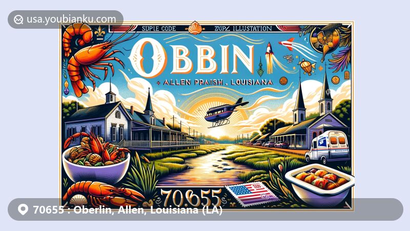 Modern illustration of Oberlin, Allen Parish, Louisiana, featuring ZIP code 70655, showcasing Cajun cuisine and postal elements like air mail envelope, postage stamp, and postmark.