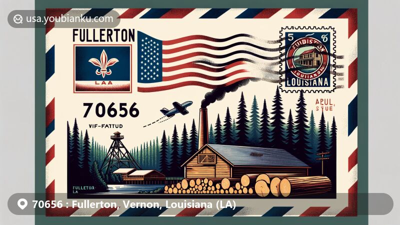 Vintage airmail envelope with '70656' and 'Fullerton, LA' against forest landscape background, featuring Louisiana flag, stamp of lumber mill, and postal postmark.
